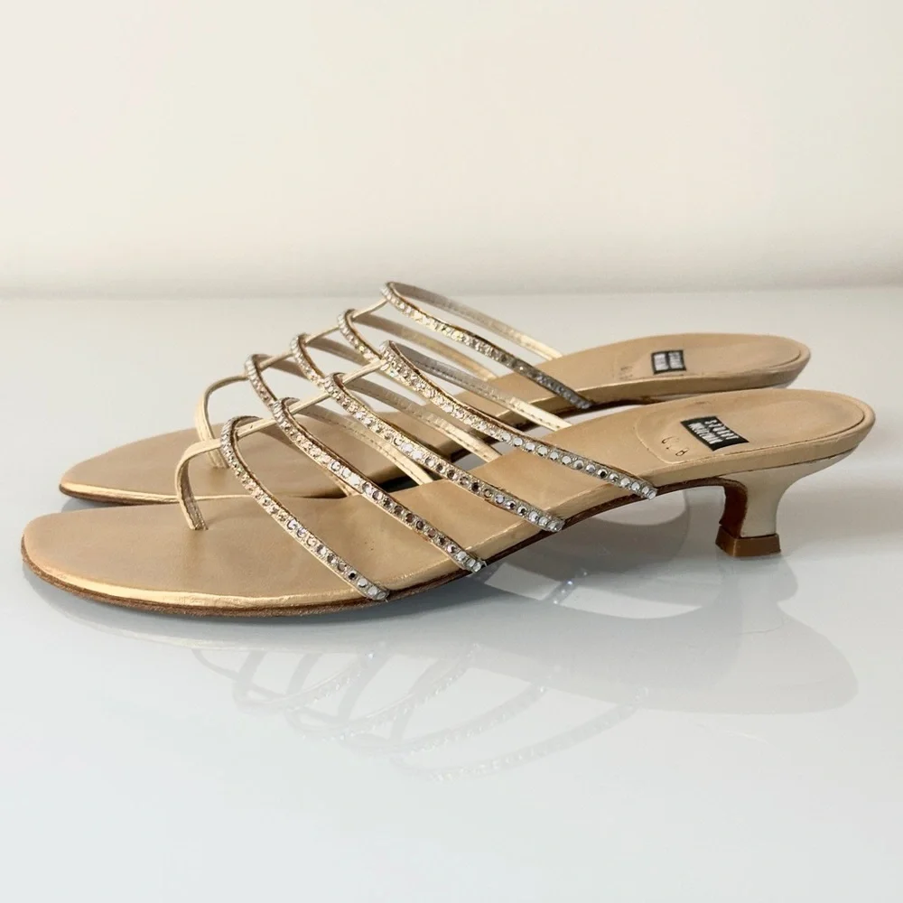 Stuart Weitzman Gold Kitten Heel Sandal 6.5 Toe Post Thong Rhinestone Straps - Picture 3 of 11